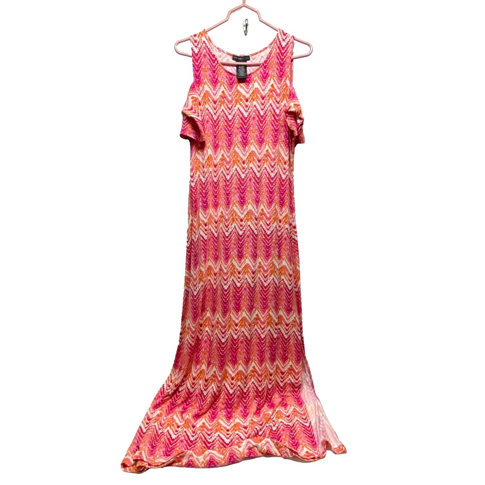 Design History Maxi Dress Women's Large Pink Orange Chevron Open Shoulder Casual